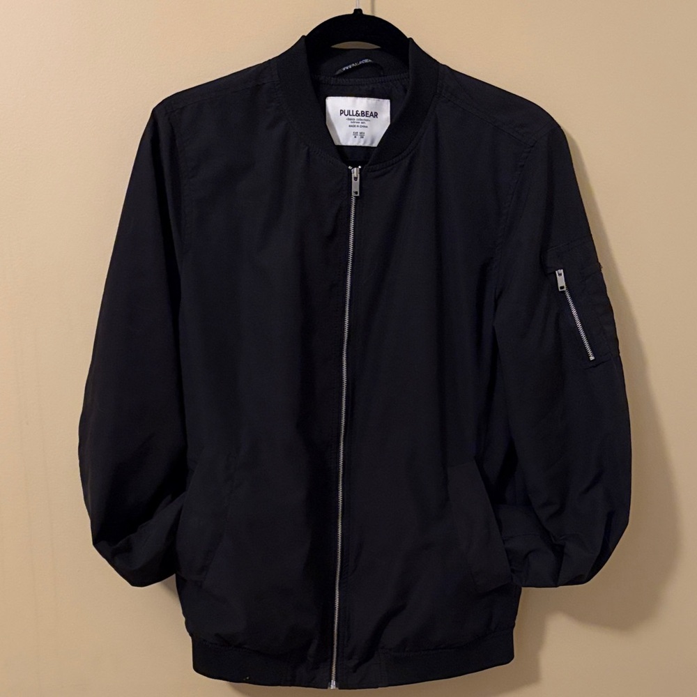 Pull&Bear Black Men's Bomber Jacket with Zippered Sleeve Pocket Size M